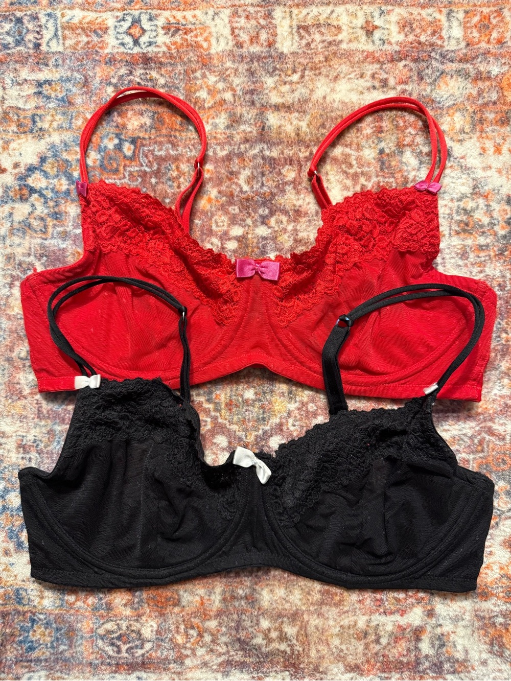 Adore Me Unlined Bra Bundle 34DD Red & Black Lace Mesh Bras